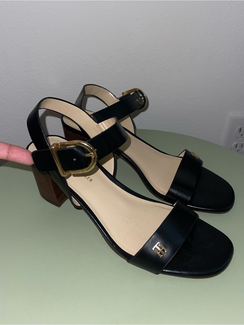 Tommy Hilfiger Black Block Heel Sandals with Gold Buckle